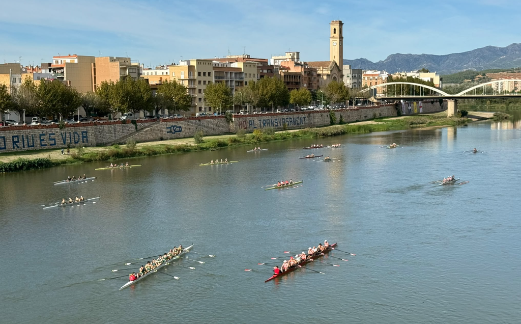 Vista aèria d’un grup d’embarcacions moments abans de la sortida de la prova de descens celebrada el dissabte 24 d’octubre, en el marc de la 5a Trobada Màsters Ebre Rem.
